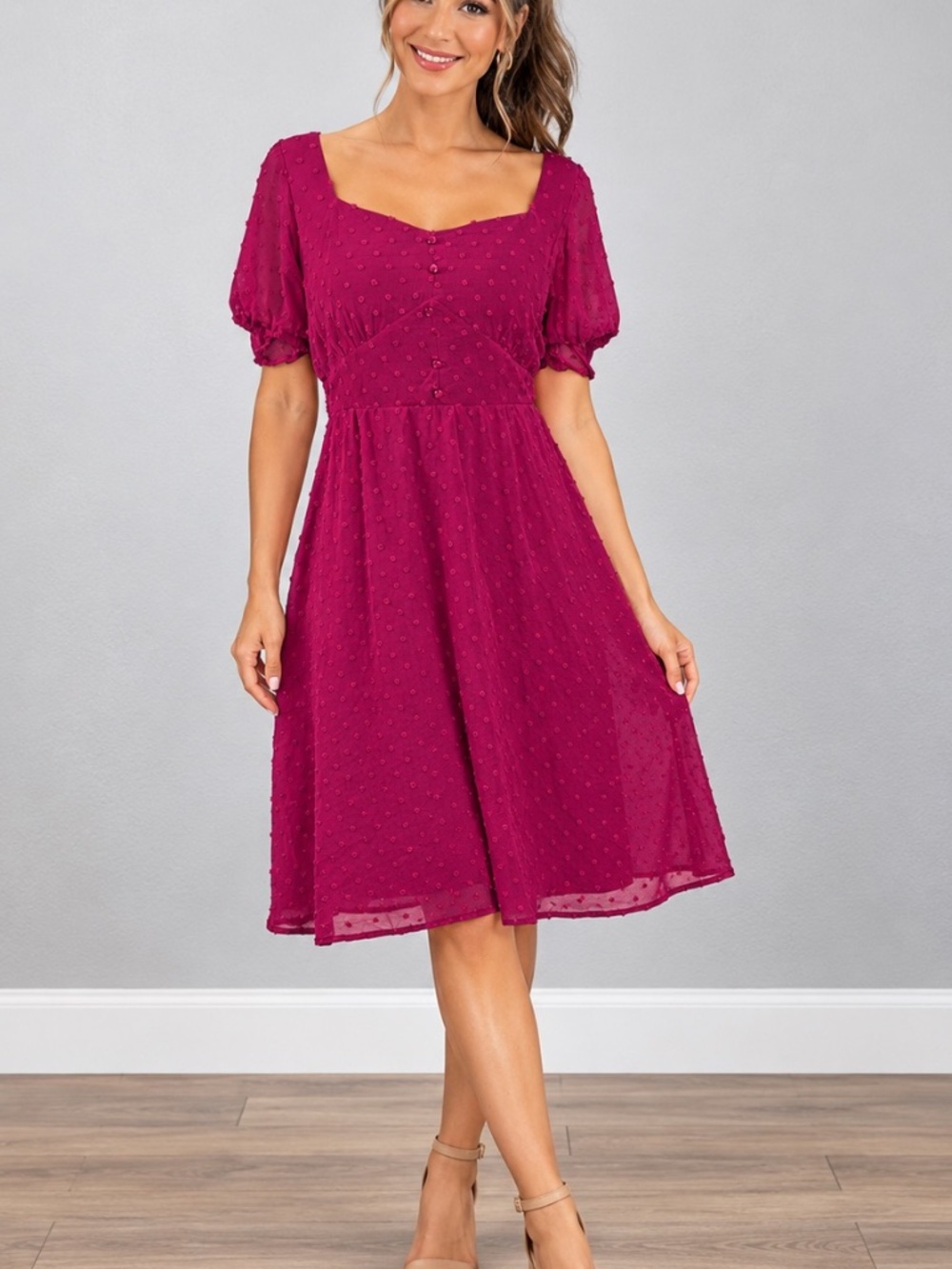 Max + Ash Pink Swiss Dot Chiffon Puff Sleeve Fit Flare Midi Dress Small